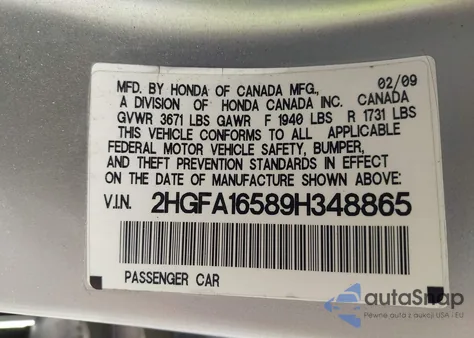 2009 Honda Civic Lx from USA, damaged, VIN 2HGFA16589H348865